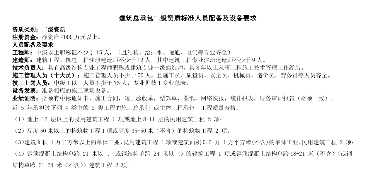 建筑总承包二级资质标准人员配备及设备要求