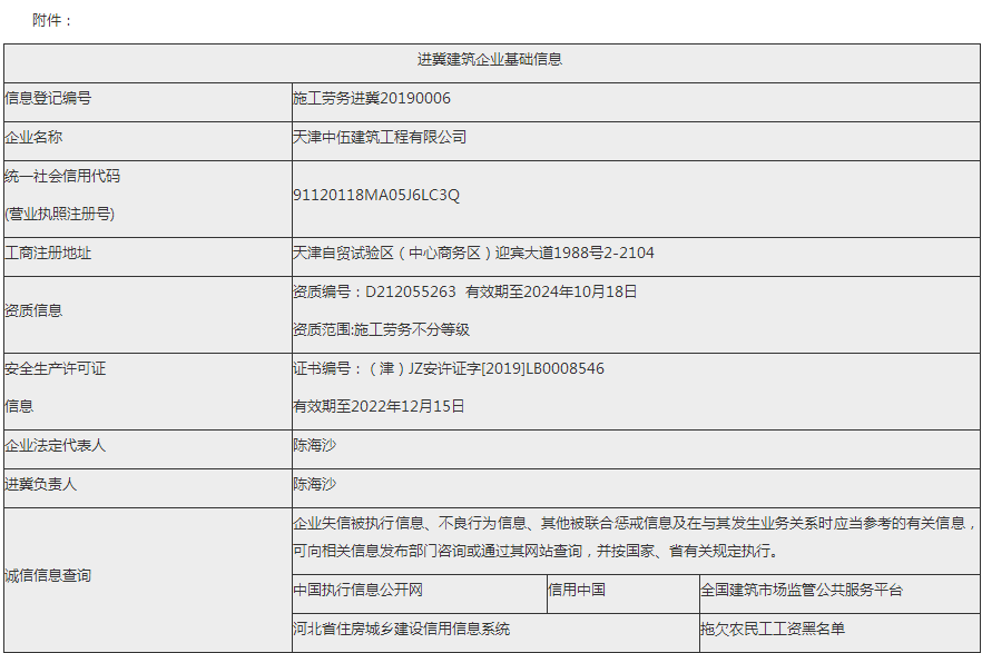 天津中伍建筑工程有限公司进冀信息的公示 天津中伍建筑工程有限公司进冀信息的公示
